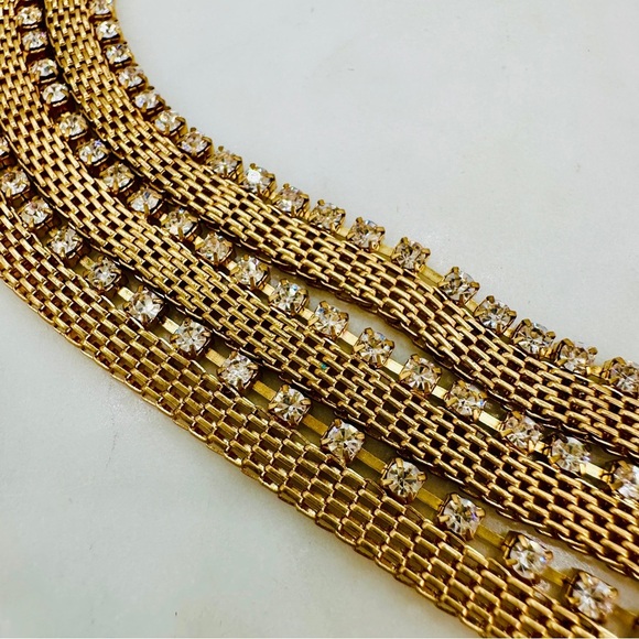 Retro Mesh 3 Chain Necklace Rhinestone Accent Layers Gold Tone Disco Glam 20” - Picture 6 of 11